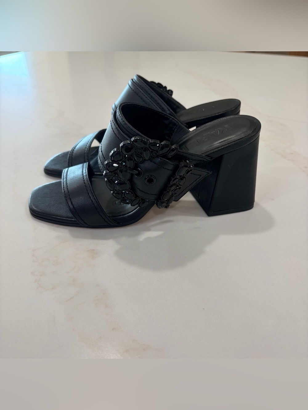 Karl Lagerfeld Black Block Heel Mules with black rhinestone buckle